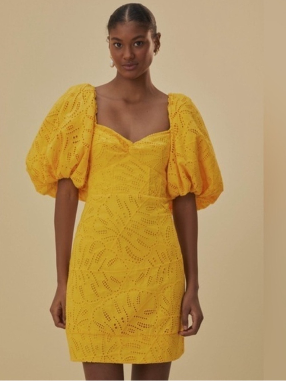 Farm Rio Monstera Yellow Eyelet Puff-Sleeve Mini Dress XS - Picture 2 of 10